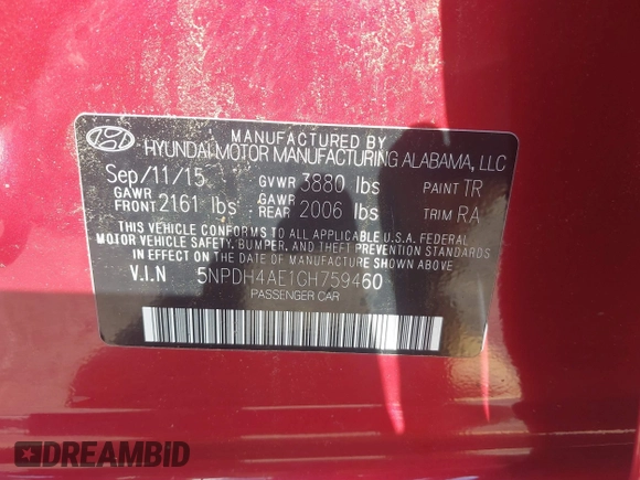 2016 Hyundai Elantra SE with VIN 5NPDH4AE1GH759460, listed as a IAAI auction lot 42201663 with 53,654 mi miles and . Bid and sale history available at DreamBid. Image 9.