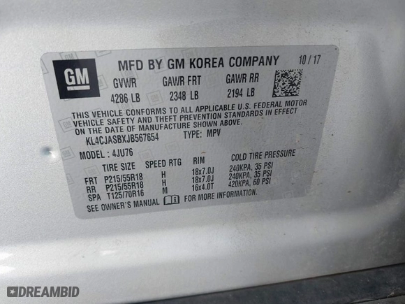 2018 Buick Encore Preferred with VIN KL4CJASBXJB567654, listed as a IAAI auction lot 41637847 with 110,214 mi miles. Bid and sale history available at carsss.com. Image 9.