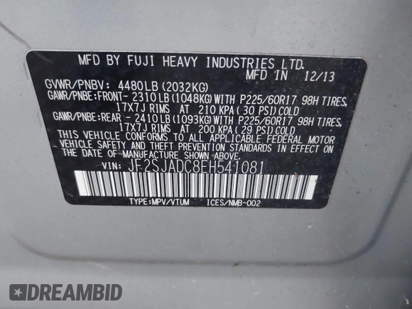 2014 Subaru Forester Premium z VIN JF2SJADC8EH541081, wystawiony jako IAAI lot #42647777 z przebiegiem 120 951 mil mil oraz . Historia ofert i sprzedaży dostępna na DreamBid. Obrazek 9.
