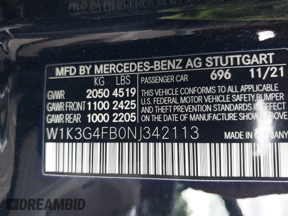 2022 Mercedes-Benz A 220 with VIN W1K3G4FB0NJ342113, listed as a IAAI auction lot 42038686 with 42,150 mi miles and . Bid and sale history available at DreamBid. Image 9.