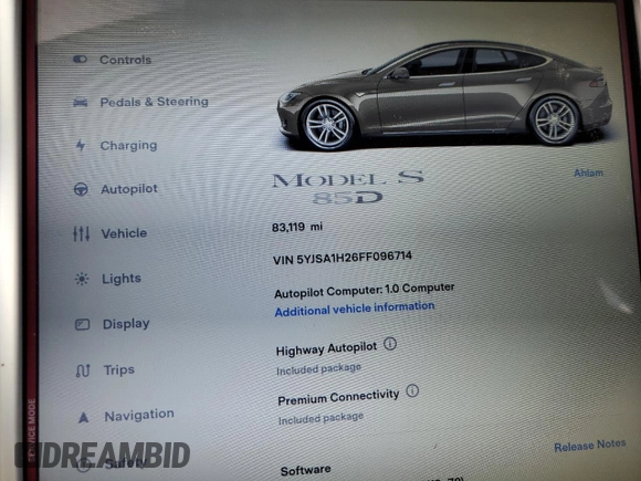 2015 Tesla Model S 85D with VIN 5YJSA1H26FF096714, listed as a Copart auction lot 51710505 with 83,119 mi miles and Salvage Title. Bid and sale history available at carsss.com. Image 9.