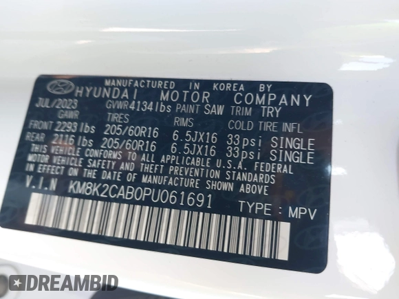 2023 Hyundai Kona SE with VIN KM8K2CAB0PU061691, listed as a IAAI auction lot 41464955 with 14,716 mi miles. Bid and sale history available at carsss.com. Image 9.