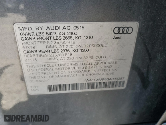 2016 Audi Q5 Premium Plus with VIN WA1L2AFP4GA003287, listed as a Copart auction lot 53576855 with 66,937 mi miles and Salvage Title. Bid and sale history available at carsss.com. Image 13.