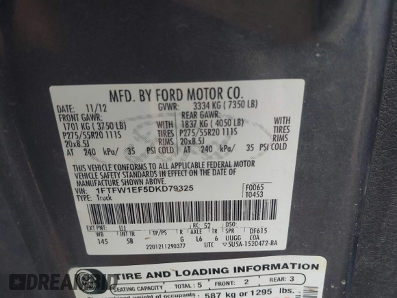 2013 Ford F-150 XL with VIN 1FTFW1EF5DKD79325, listed as a IAAI auction lot 42368357 with 200,126 mi miles and . Bid and sale history available at DreamBid. Image 9.