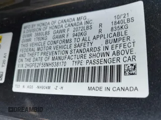 2022 Honda Civic Sedan Sport with VIN 2HGFE2F58NH538170, listed as a IAAI auction lot 41775165 with 12,997 mi miles. Bid and sale history available at carsss.com. Image 9.