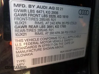 2021 Audi Q8 Premium with VIN WA1AVAF18MD028956, listed as a Copart auction lot 83454874 with 59,401 mi miles and Salvage Title. Bid and sale history available at carsss.com. Image 14.
