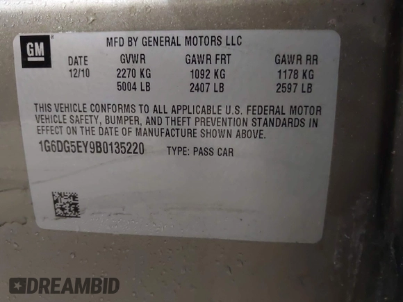 2011 Cadillac CTS Luxury with VIN 1G6DG5EY9B0135220, listed as a IAAI auction lot 42596045 with 158,912 mi miles and . Bid and sale history available at DreamBid. Image 9.