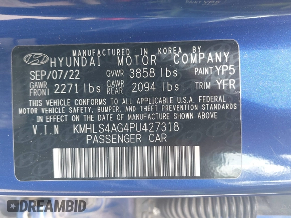 2023 Hyundai Elantra SEL z VIN KMHLS4AG4PU427318, wystawiony jako IAAI lot #42052082 z przebiegiem 33 090 mil mil oraz . Historia ofert i sprzedaży dostępna na DreamBid. Obrazek 9.