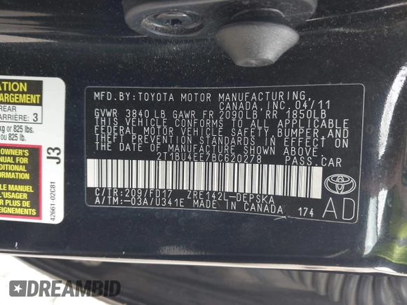2011 Toyota Corolla L with VIN 2T1BU4EE7BC620278, listed as a IAAI auction lot 41943157 with 63,339 mi miles. Bid and sale history available at carsss.com. Image 9.