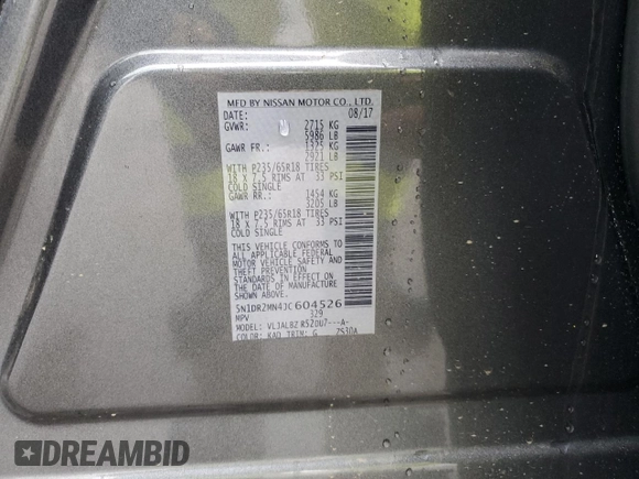 2018 Nissan Pathfinder S with VIN 5N1DR2MN4JC604526, listed as a Copart auction lot 47892325 with 66,187 mi miles and Salvage Title. Bid and sale history available at carsss.com. Image 15.