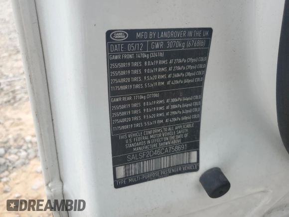 2012 Land Rover Range Rover Sport HSE with VIN SALSF2D46CA758691, listed as a Copart auction lot 53904035 with Not provided miles and Clean title. Bid and sale history available at DreamBid. Image 13.