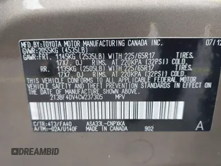 2012 Toyota RAV4 with VIN 2T3BF4DV4CW237305, listed as a IAAI auction lot 41590091 with 114,757 mi miles and . Bid and sale history available at carsss.com. Image 9.