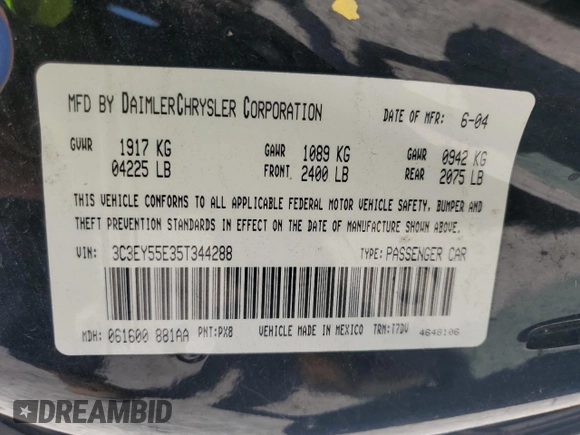 2005 Chrysler PT Cruiser Touring with VIN 3C3EY55E35T344288, listed as a Copart auction lot 67940814 with Not Provided miles and Salvage Title. Bid and sale history available at DreamBid. Image 12.