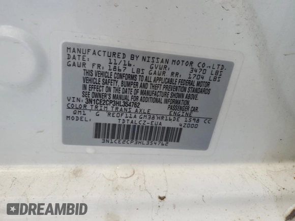 2017 Nissan Note SV with VIN 3N1CE2CP3HL354762, listed as a Copart auction lot 53105445 with 169,442 mi miles and Clean Title. Bid and sale history available at DreamBid. Image 12.