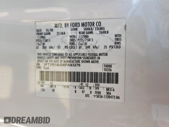 2008 Ford Ranger XL with VIN 1FTYR14U08PA93276, listed as a Copart auction lot 59273215 with 84,899 mi miles and Salvage title. Bid and sale history available at DreamBid. Image 12.