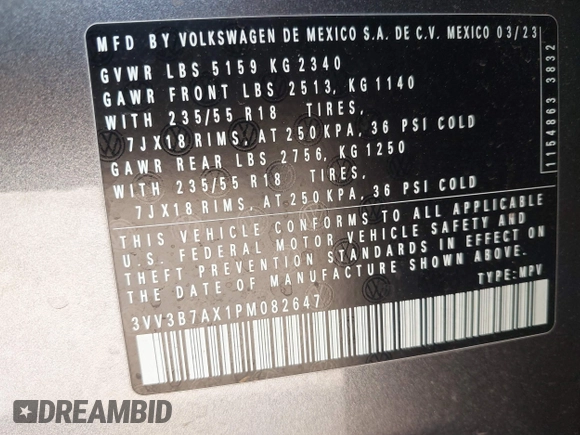 2023 Volkswagen Tiguan SE с VIN 3VV3B7AX1PM082647, выставлен на аукционе IAAI как лот 41795692 с пробегом 15 022 миль миль и . История ставок и продаж доступна на DreamBid. Изображение 9.