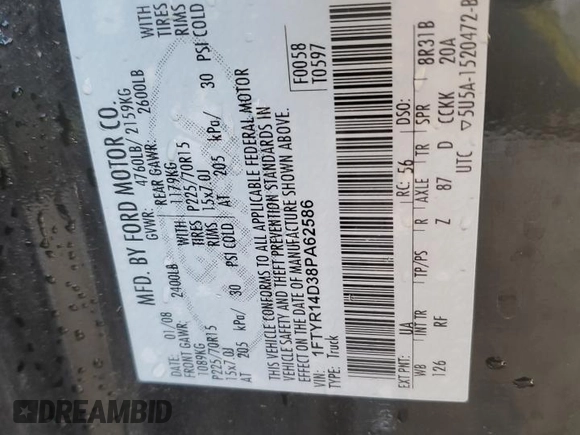 2008 Ford Ranger XL с VIN 1FTYR14D38PA62586, выставлен на аукционе Copart как лот 84199504 с пробегом 111 038 миль миль и Списание • Salvage title. История ставок и продаж доступна на DreamBid. Изображение 12.