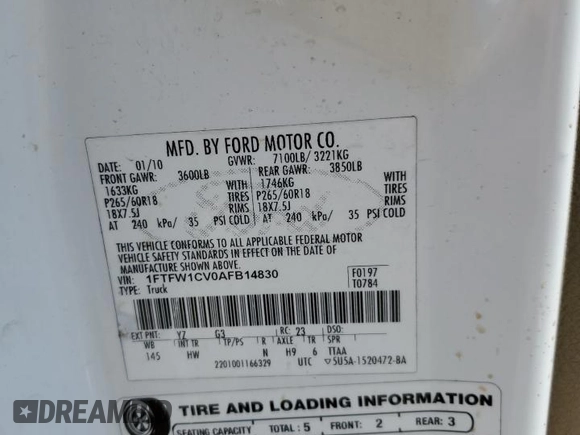 2010 Ford F-150 XL with VIN 1FTFW1CV0AFB14830, listed as a Copart auction lot 52652955 with 345,251 mi miles and Salvage Title. Bid and sale history available at carsss.com. Image 12.