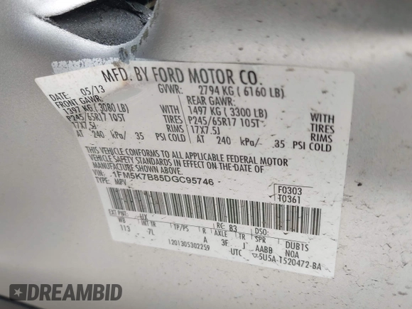 2013 Ford Explorer с VIN 1FM5K7B85DGC95746, выставлен на аукционе IAAI как лот 42356749 с пробегом 68 914 миль миль и . История ставок и продаж доступна на DreamBid. Изображение 9.