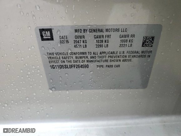 2015 Chevrolet Malibu LT with VIN 1G11D5SL0FF264590, listed as a Copart auction lot 50072745 with 62,982 mi miles and Salvage Title. Bid and sale history available at carsss.com. Image 12.
