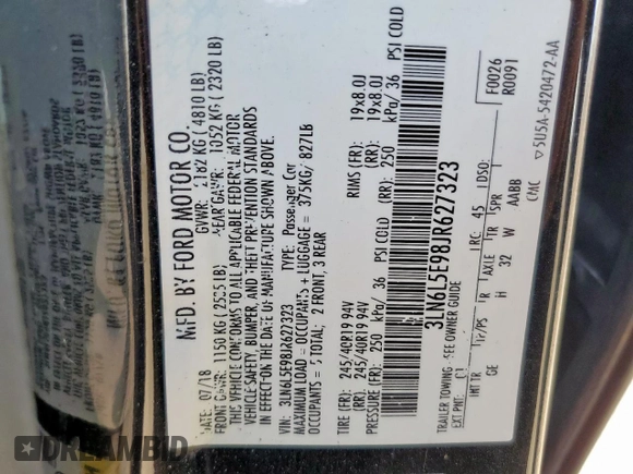 2018 Lincoln MKZ Reserve with VIN 3LN6L5E98JR627323, listed as a Copart auction lot 58080145 with 115,426 mi miles and Salvage title. Bid and sale history available at DreamBid. Image 12.