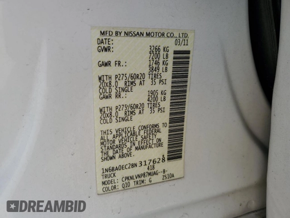 2011 Nissan Titan Pro-4X with VIN 1N6BA0EC2BN317628, listed as a Copart auction lot 52367505 with 178,601 mi miles and Salvage title. Bid and sale history available at DreamBid. Image 12.