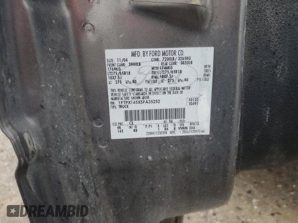2005 Ford F-150 XLT with VIN 1FTPX145X5FA35252, listed as a Copart auction lot 59336575 with 234,398 mi miles and Salvage title. Bid and sale history available at DreamBid. Image 12.