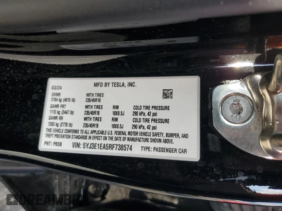 2024 Tesla Model 3 with VIN 5YJ3E1EA5RF738574, listed as a Copart auction lot 48425325 with 9,423 mi miles and Salvage Title. Bid and sale history available at DreamBid. Image 14.