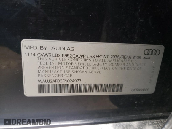 2015 Audi A8 4.0T with VIN WAUJ2AFD3FN024977, listed as a Copart auction lot 39952623 with 102,365 mi miles and . Bid and sale history available at DreamBid. Image 12.