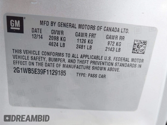 2015 Chevrolet Impala LT with VIN 2G1WB5E39F1129185, listed as a IAAI auction lot 42090159 with 97,249 mi miles and . Bid and sale history available at DreamBid. Image 9.