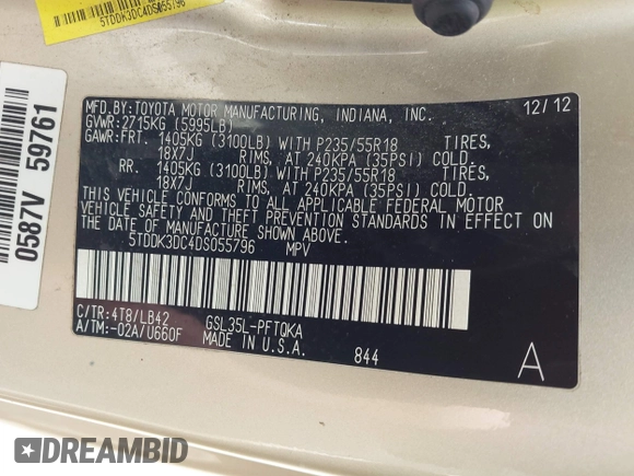 2013 Toyota Sienna XLE with VIN 5TDDK3DC4DS055796, listed as a IAAI auction lot 41993530 with 256,735 mi miles and . Bid and sale history available at DreamBid. Image 9.