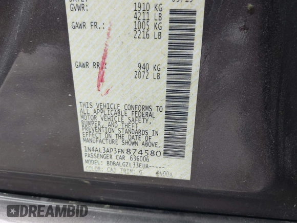2015 Nissan Altima 2.5 SL with VIN 1N4AL3AP3FN874580, listed as a IAAI auction lot 41858079 with 183,965 mi miles. Bid and sale history available at carsss.com. Image 9.
