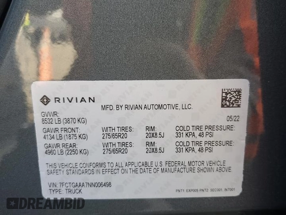 2022 Rivian R1T Adventure Package with VIN 7FCTGAAA7NN006498, listed as a Copart auction lot 89338075 with 46,384 mi miles and Salvage Title. Bid and sale history available at carsss.com. Image 13.