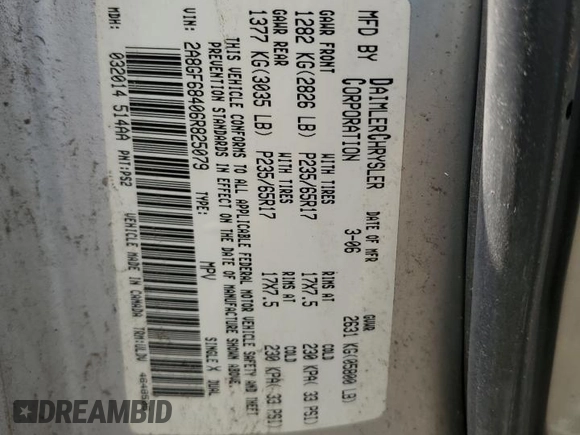 2006 Chrysler Pacifica Touring with VIN 2A8GF68406R825079, listed as a Copart auction lot 53496405 with 191,948 mi miles and Salvage title. Bid and sale history available at DreamBid. Image 13.