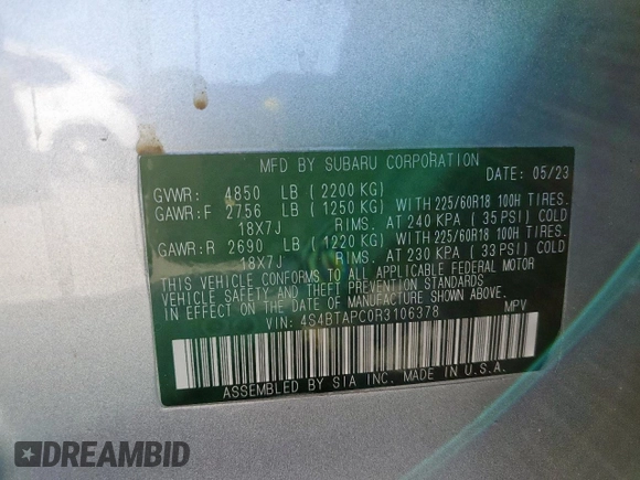 2024 Subaru Outback Touring with VIN 4S4BTAPC0R3106378, listed as a Copart auction lot 48764855 with 5,202 mi miles and Salvage title. Bid and sale history available at DreamBid. Image 13.