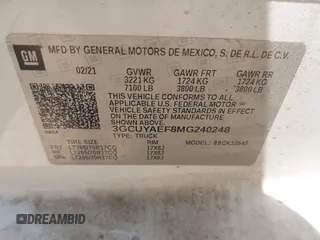 2021 Chevrolet Silverado 1500 Work Truck with VIN 3GCUYAEF8MG240248, listed as a IAAI auction lot 41865344 with 125,595 mi miles and . Bid and sale history available at DreamBid. Image 9.