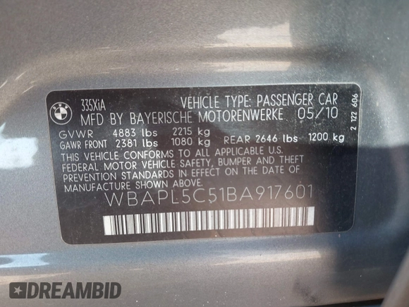 2011 BMW 3 Series 335i xDrive with VIN WBAPL5C51BA917601, listed as a IAAI auction lot 40463205 with 171,437 mi miles and . Bid and sale history available at DreamBid. Image 9.