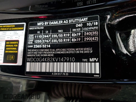 2019 Mercedes-Benz GLC with VIN WDC0G4KB2KV147910, listed as a Copart auction lot 48746145 with 67,955 mi miles and Salvage Title. Bid and sale history available at carsss.com. Image 13.