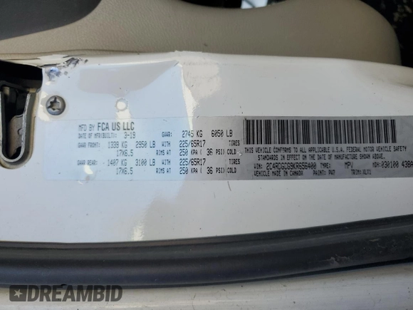 2019 Dodge Grand Caravan SXT with VIN 2C4RDGCG9KR656400, listed as a Copart auction lot 48322325 with Not Provided miles and Salvage Title. Bid and sale history available at DreamBid. Image 14.