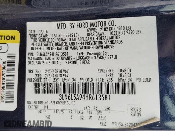 2017 Lincoln MKZ Premiere with VIN 3LN6L5A94HR613581, listed as a Copart auction lot 43383925 with 157,258 mi miles and Salvage Title. Bid and sale history available at DreamBid. Image 14.