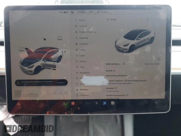 2023 Tesla Model 3 z VIN 5YJ3E1EA1PF561521, wystawiony jako Copart lot #55637855 z przebiegiem 83 008 mil mil oraz Szkoda całkowita • Salvage title. Historia ofert i sprzedaży dostępna na DreamBid. Obrazek 9.
