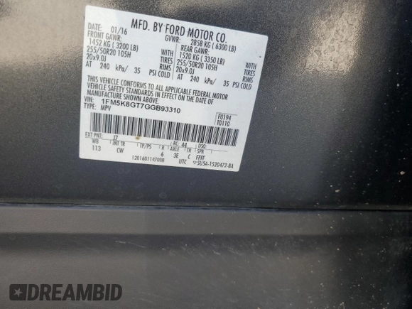 2016 Ford Explorer Sport with VIN 1FM5K8GT7GGB93310, listed as a Copart auction lot 58520255 with Not provided miles and Salvage title. Bid and sale history available at DreamBid. Image 12.