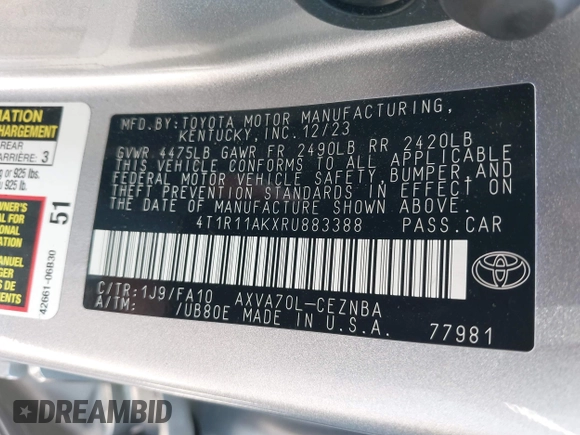 2024 Toyota Camry LE z VIN 4T1R11AKXRU883388, wystawiony jako IAAI lot #41977607 z przebiegiem 8 784 mil mil oraz . Historia ofert i sprzedaży dostępna na DreamBid. Obrazek 9.