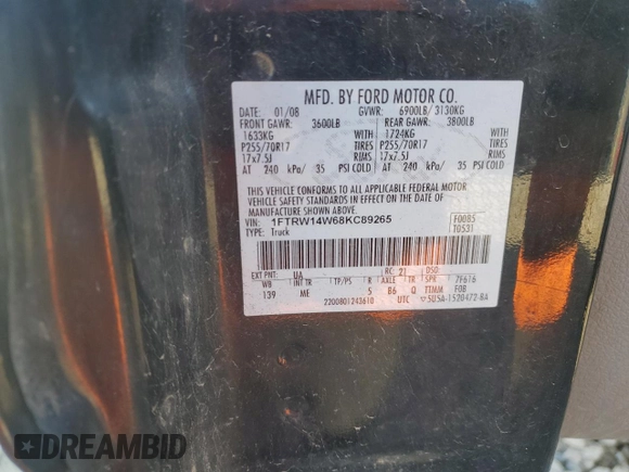 2008 Ford F-150 XL with VIN 1FTRW14W68KC89265, listed as a Copart auction lot 56054165 with 234,824 mi miles and Clean title. Bid and sale history available at DreamBid. Image 12.