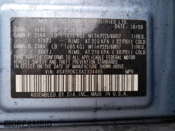 2010 Subaru Outback Limited Power Moon с VIN 4S4BRDKCXA2334485, выставлен на аукционе Copart как лот 54841675 с пробегом 228 514 миль миль и Списание • Salvage title. История ставок и продаж доступна на DreamBid. Изображение 15.