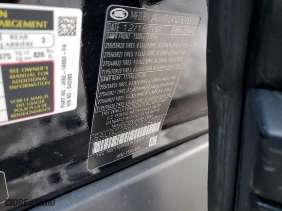 2019 Land Rover Range Rover with VIN SALGS2RE0KA542093, listed as a Copart auction lot 44590745 with 48,068 mi miles and Salvage Title. Bid and sale history available at carsss.com. Image 14.