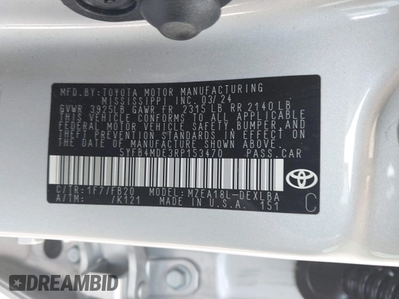 2024 Toyota Corolla LE with VIN 5YFB4MDE3RP153470, listed as a IAAI auction lot 42333966 with 26,770 mi miles and . Bid and sale history available at DreamBid. Image 9.