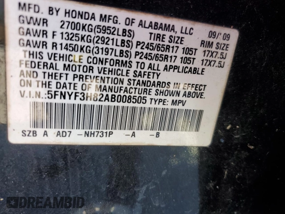 2010 Honda Pilot Touring with VIN 5FNYF3H82AB008505, listed as a Copart auction lot 87769825 with 256,238 mi miles and Clean Title. Bid and sale history available at DreamBid. Image 13.