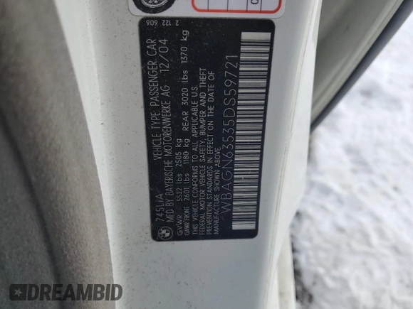 2005 BMW 7 Series 745Li with VIN WBAGN63535DS59721, listed as a Copart auction lot 45388375 with 128,329 mi miles and Salvage title. Bid and sale history available at DreamBid. Image 12.
