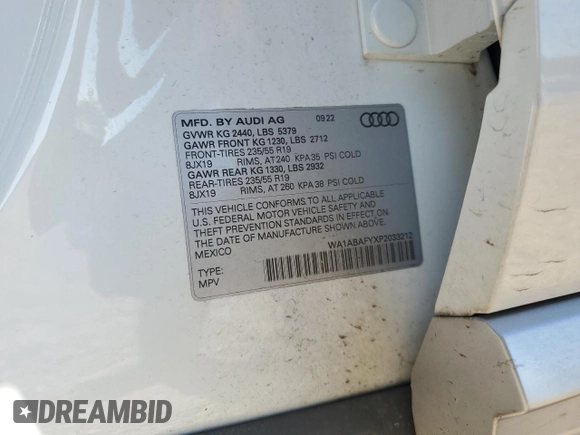 2023 Audi Q5 Premium с VIN WA1ABAFYXP2033212, выставлен на аукционе Copart как лот 55616685 с пробегом 30 814 миль миль и Списание • Salvage title. История ставок и продаж доступна на DreamBid. Изображение 13.